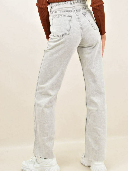 Potre 12774 High Waist Women's Jean Trousers in Straight Line Gray