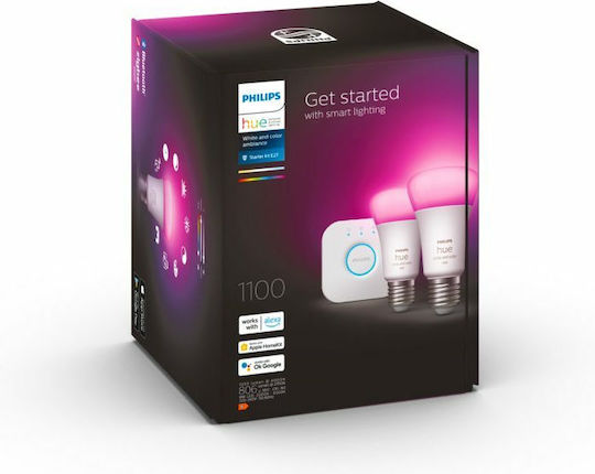 Philips Smart Bulbs LED 9W for Socket E27 and Shape A60 RGBW 806lm Dimmable 2pcs