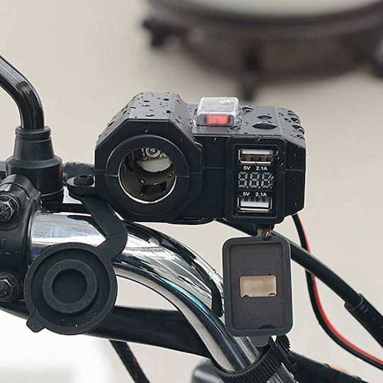 Factory Water Resistant Motorcycle Phone Charger 2.1A with 2xUSB & 1x Lighter with Voltometer MG47701