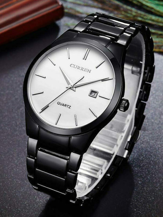 Curren Black / White Men's Watch 40mm Battery with Black Metal Bracelet