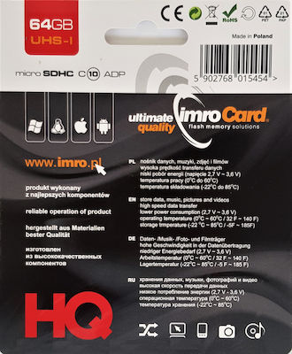 IMRO microSDXC 64GB Class 10 U3 UHS-I με αντάπτορα