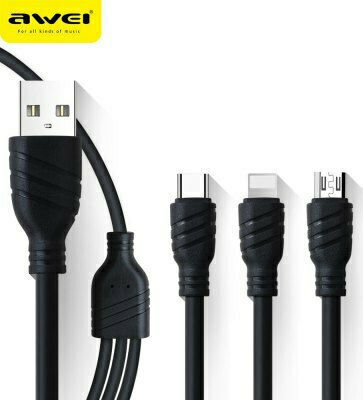 Awei CL-986 Regular USB to micro USB / Type-C / Lightning Cable Μαύρο 1m