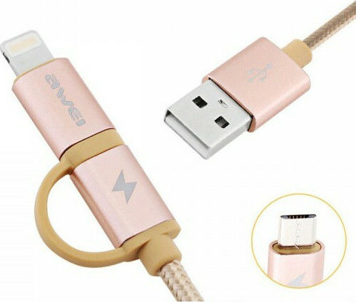 Awei CL-930C Braided USB to Lightning / micro USB Cable 2.1A Ροζ Χρυσό 0.2m