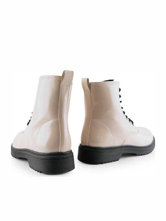 1222-0092 Women's Patent Leather Ankle Boots Beige