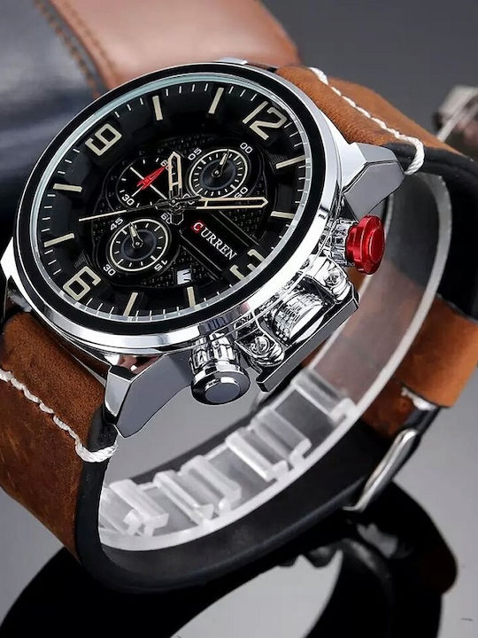 Curren Ανδρικό Ρολόι 48mm Χρονογράφος Μπαταρίας με Δερμάτινο Λουράκι Brown