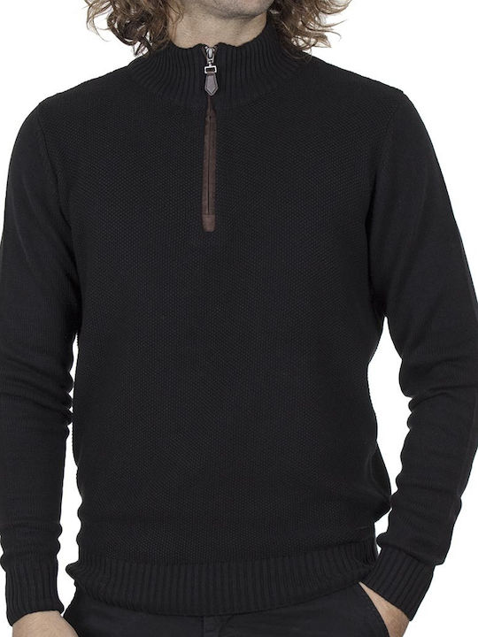 Double Men's Long Sleeve Sweater with Zipper Black