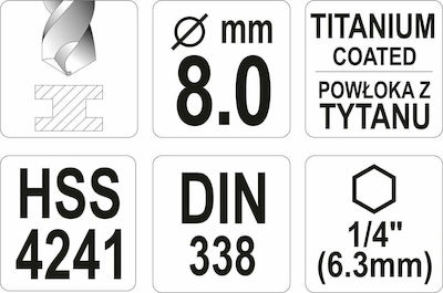 Yato Drill Hex 1/4' HSS Titanium with Hexagonal Shank for Metal 8x75mm