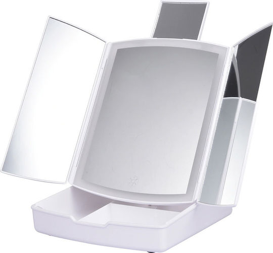 Makeup Mirror Tabletop Triple Mirror 5x Magnification with LED Lighting and Storage Space with Light White