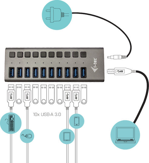 i-tec USB 3.0 10 Port Hub with USB-A Connection & Charging Port and External Power Supply