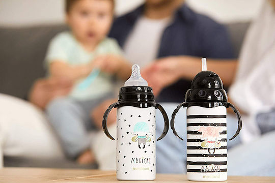 Miniland Baby Cup with Handles and Straw Magical made of Plastic Black 240ml for 24m+m+