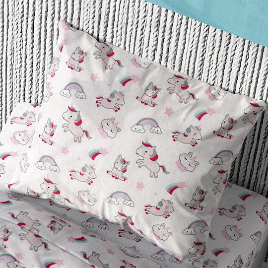 Dimcol Set Cearceafuri Pentru Copii Single Unicorn 108 Alb-Roz 160x240cm