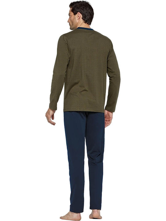 Impetus men's winter thin pajamas with V green-olive printed blouse - dark blue pants 1537K10.K68