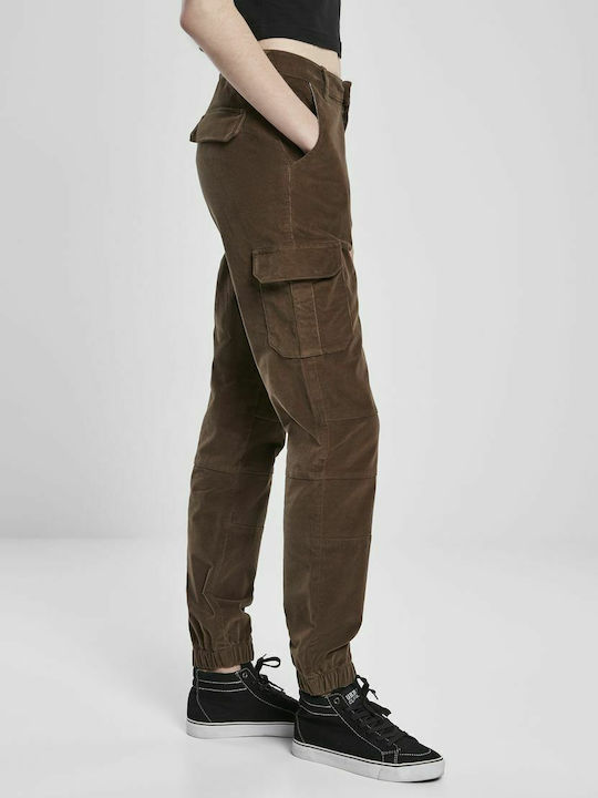 Women's High-waisted Fabric Cargo Trousers Dark Olive