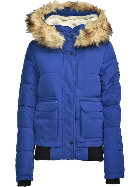 Everest Kurz Damen Puffer Jacke mit pelziger Kapuze für Winter Blau