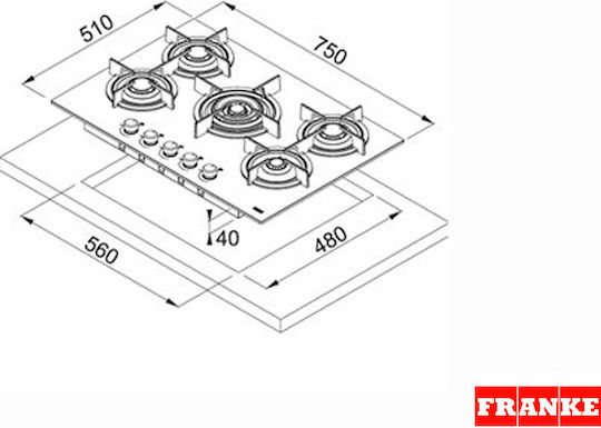 Franke Crystal Plus FHCR 755 4G TC HE BK C Gas Cooktop Autonomous 75x51εκ.