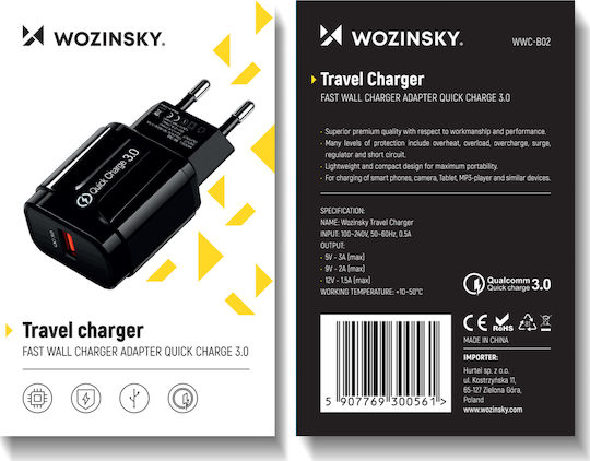 Wozinsky Charger Without Cable with USB-A Port Quick Charge 3.0 Blacks (WWC-B02)