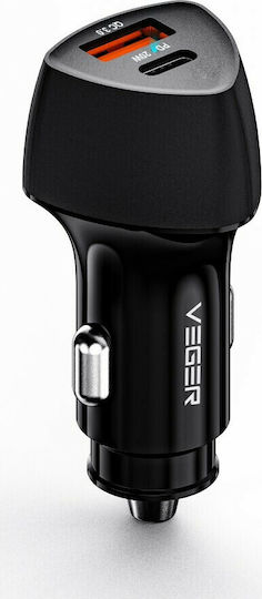 Veger Car Charger Black CC50-1A1C Fast Charging with Ports: 1xUSB 1xType-C