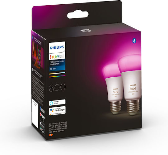 Philips Smart LED Bulbs 6.5W for Socket E27 and Shape A60 RGBW 806lm Dimmable 2pcs