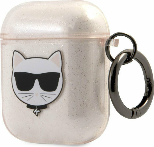 Karl Lagerfeld Glitter Choupette Case Silicone with Hook in Gold color for Apple AirPods 1 / AirPods 2