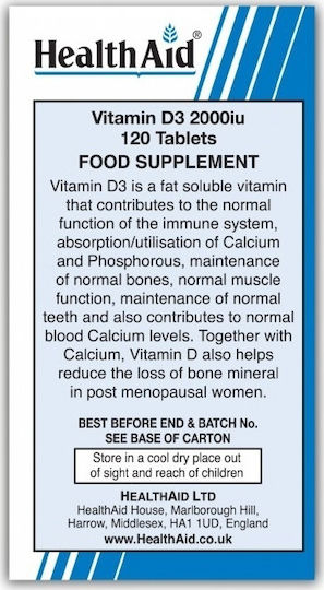 Health Aid Vitamin D3 Vitamin for Immune System Boost & Bone Health 2000iu 120 veg. caps