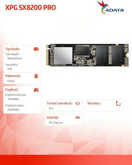 Adata XPG SX8200 Pro SSD 512GB Тип M.2 Със Свързване PCI Express 3.0 ASX8200PNP-512GT-C