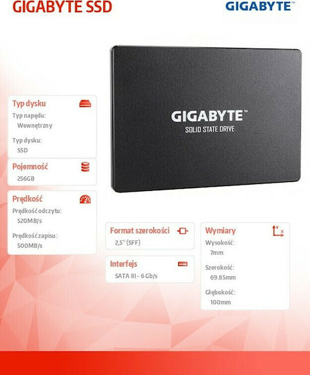 Gigabyte SSD 256GB Тип 2.5'' Със Свързване SATA III GP-GSTFS31256GTND