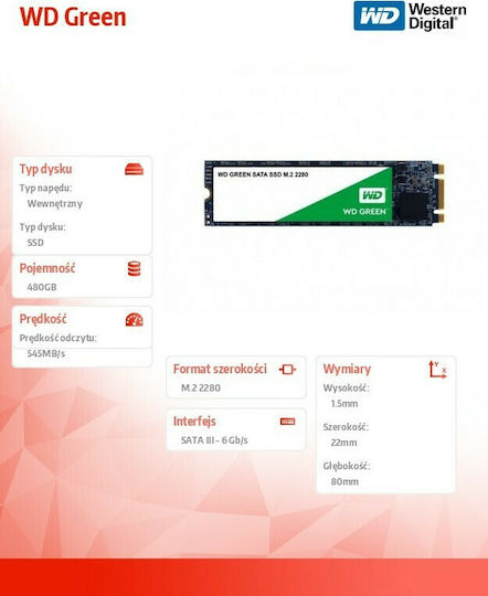 Western Digital WD Green SSD 480GB Тип M.2 С Връзка SATA III WDS480G2G0B
