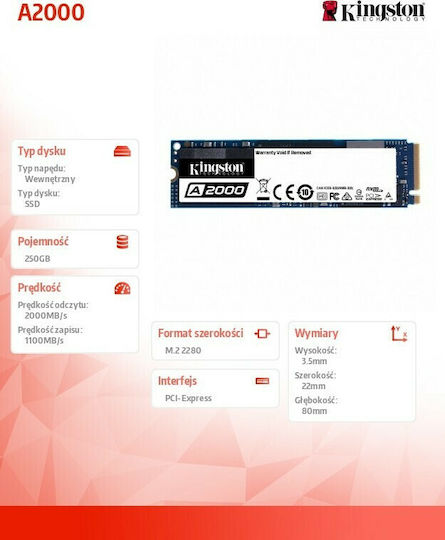 Kingston A2000 SSD 250GB τύπου M.2 με σύνδεση PCI Express 3.0 SA2000M8/250G