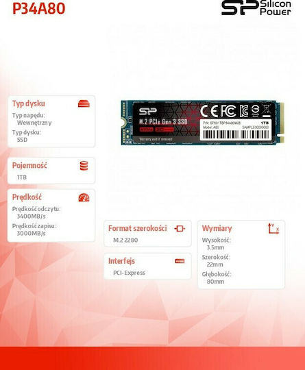 Silicon Power P34A80 SSD 1TB τύπου M.2 με σύνδεση PCI Express 3.0 SP001TBP34A80M28