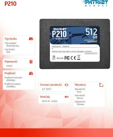 Patriot P210 SSD 512GB τύπου 2.5'' με σύνδεση SATA III P210S512G25
