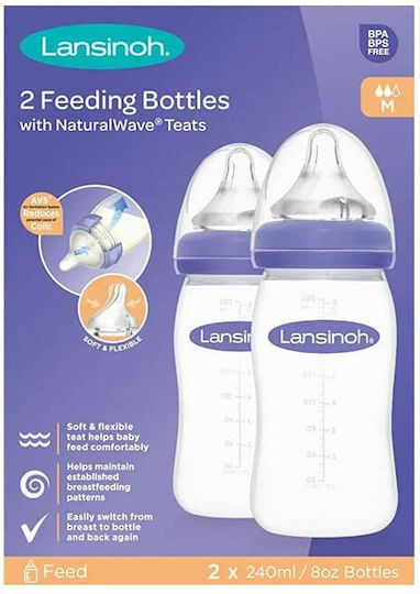 Lansinoh Plastic Baby Bottle Set with Silicone Nipple for 3+ months Transparent 240ml 2pcs