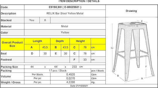 Metallischer Gartenhocker für Bar Außenbereich Relix Gelb 42x42x76cm E5190,9W