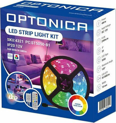 Optonica Ταινία LED 12V RGB Φως 5m Τύπου SMD5050 με Τροφοδοτικό & Τηλεχειριστήριο
