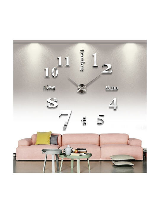 3D DIY Mirror 3D Silent Wall Clock Sticker Plastic Silver Ø60cm