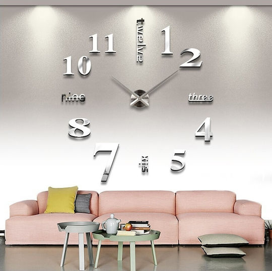 3D DIY Mirror 3D Leise Wanduhr Aufkleber Kunststoff Silber Ø60cm