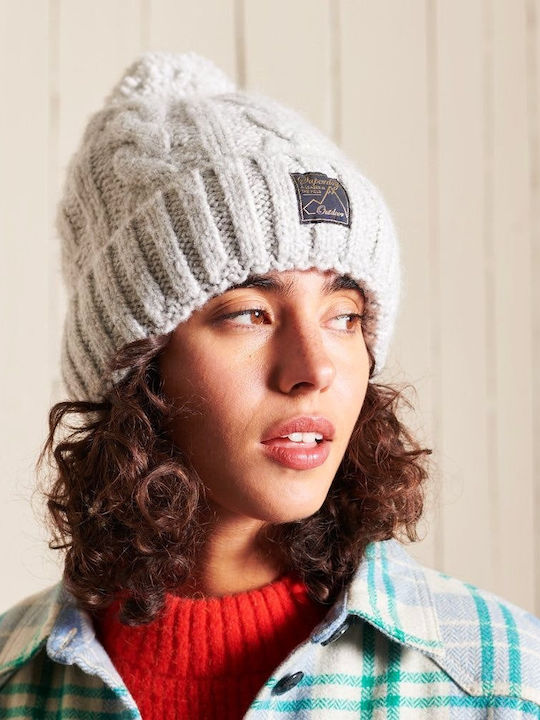 Superdry Tweed Cable Pom Pom Beanie Γυναικείος Σκούφος Πλεκτός σε Γκρι χρώμα