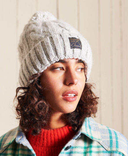 Tweed Cable Pom Pom Beanie Γυναικείος Σκούφος Πλεκτός σε Γκρι χρώμα