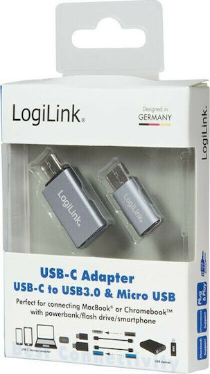 LogiLink Μετατροπέας micro USB male σε USB-C male Ασημί 2τμχ AU0040