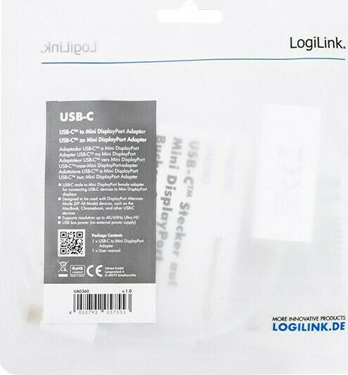 LogiLink Konverter USB-C männlich zu Mini-DisplayPort weiblich Weiß 1Stück UA0360