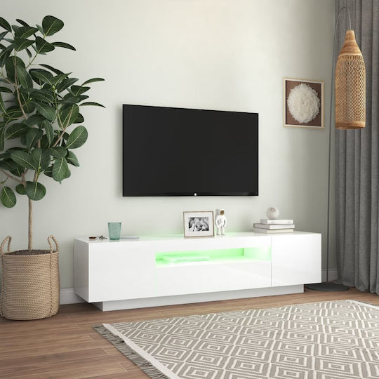 TV Stand Wooden with LED Lighting Glossy White L160xW35xH40cm