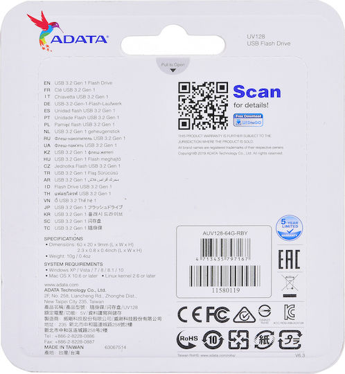 Adata DashDrive UV128 64GB USB 3.0 Stick Yellow