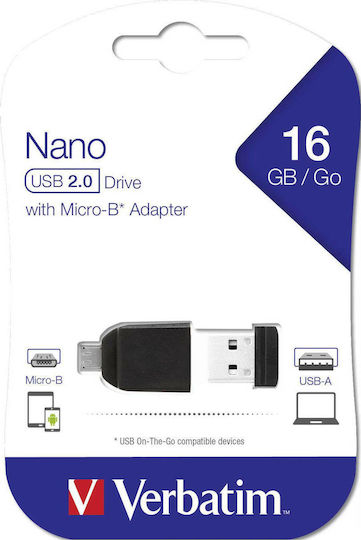 Verbatim Store 'n' Stay Nano 16GB USB 2.0 Stick cu conexiune USB-A & micro USB-B Negru