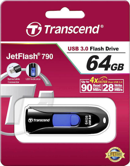 Transcend JetFlash 790 64GB USB 3.0 Stick Μαύρο