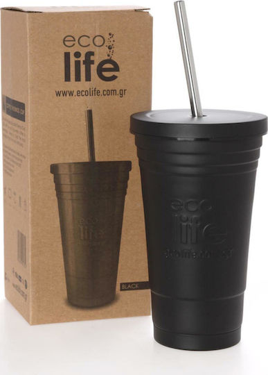 Ecolife Cup Recyclable Glass Thermos Stainless Steel BPA Free 480ml Black with Straw
