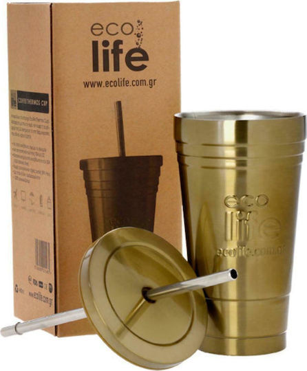 Ecolife Cup Recyclable Glass Thermos Stainless Steel BPA Free 480ml Gold with Straw
