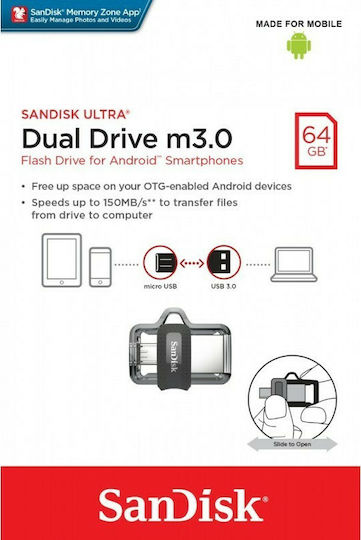 Sandisk Ultra Dual Drive M3.0 64GB USB 3.0 Stick with connection USB-A & micro USB-B Black