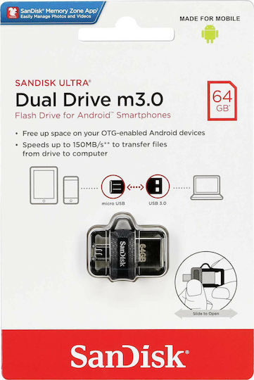 Sandisk Ultra Dual Drive M3.0 64GB USB 3.0 Stick with connection USB-A & micro USB-B Black