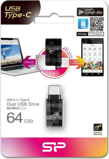 Silicon Power Mobile C31 64GB USB 3.1 Stick με σύνδεση USB-A & USB-C Μαύρο
