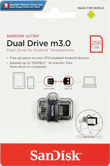 Sandisk Ultra Dual Drive M3.0 256GB USB 3.0 Stick με σύνδεση USB-A & micro USB-B Μαύρο
