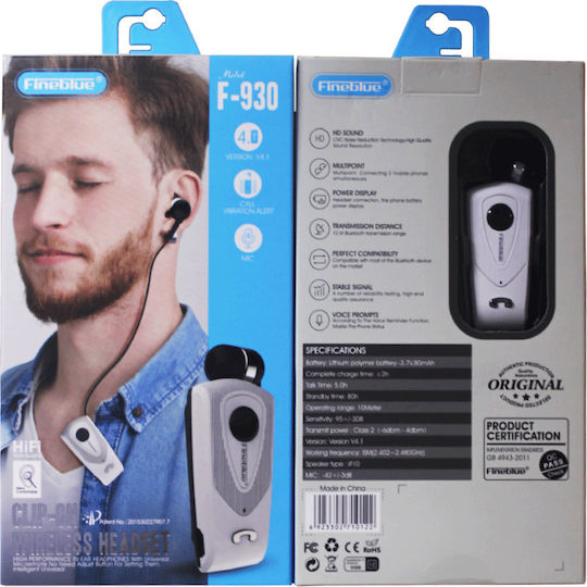 Fineblue F930 In-ear Bluetooth Handsfree Ακουστικό Πέτου Λευκό